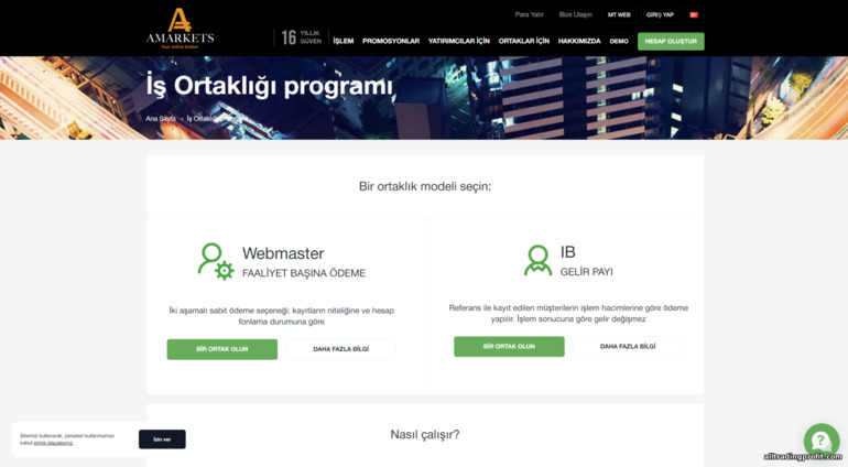 AMarkets ortaklık programının resmi web sitesi