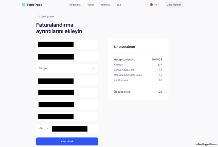 Prop ticaret komisyoncusu SabioTrade'de bir eğitim hesabı için kayıt formu