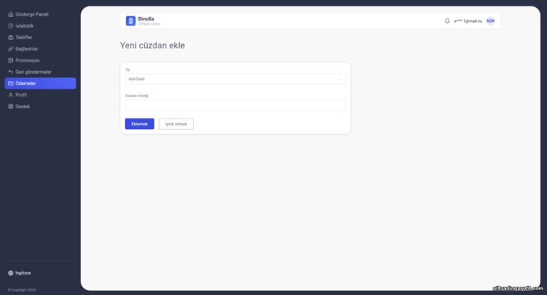 Binolla ortaklık programına ödeme yöntemi ekleme