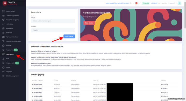 Quotex ortaklık programında kazançların çekilmesi için başvuruda bulunulması