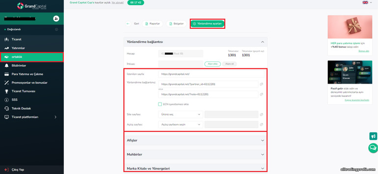 Forex brokerı Grand Capital'in ortaklık programındaki yönlendirme bağlantısı