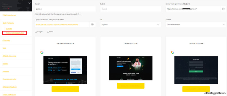 Müşterileri Olymptrade ortaklık programına çekmek için tanıtım malzemelerinin sunulması