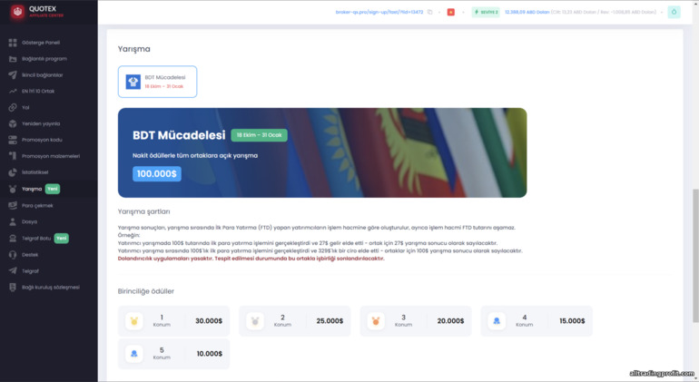Quotex ortaklık programındaki yarışmalar
