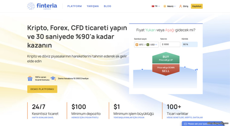 İkili opsiyon komisyoncusu Finteria'nın resmi web sitesi