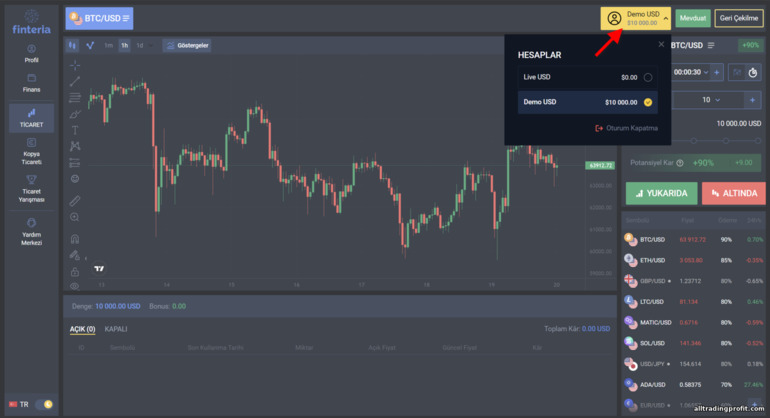 Finteria brokerında demo hesap ile gerçek hesap arasında geçiş yapma