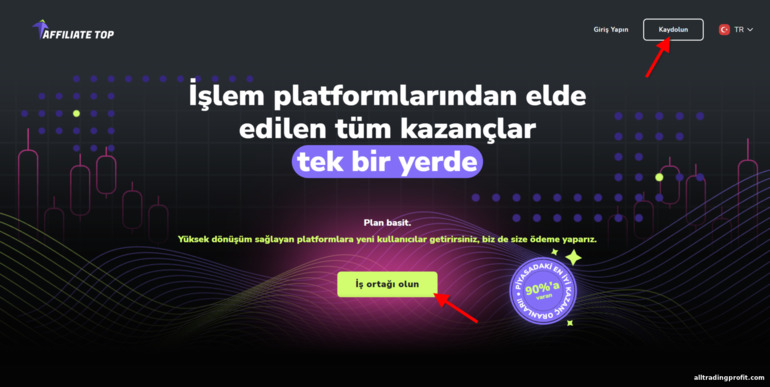 Affiliate Top'ta bir ortaklık hesabının kaydedilmesi