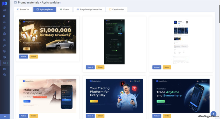 Pocket Option ortaklık programındaki reklam malzemeleri