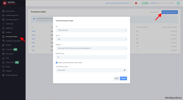 Quotex ortaklık programındaki müşteriler için promosyon kodları oluşturma