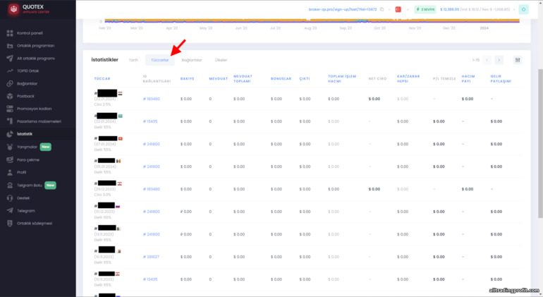Quotex ortaklık programındaki yatırımcılara ilişkin istatistikler