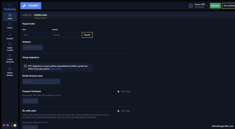 Broker Finteria ile ticaret hesabının doğrulanması