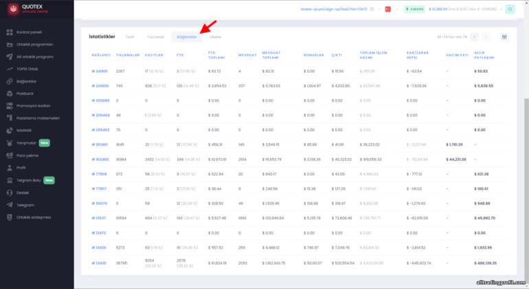 Quotex ortaklık programındaki bağlantılara ilişkin istatistikler