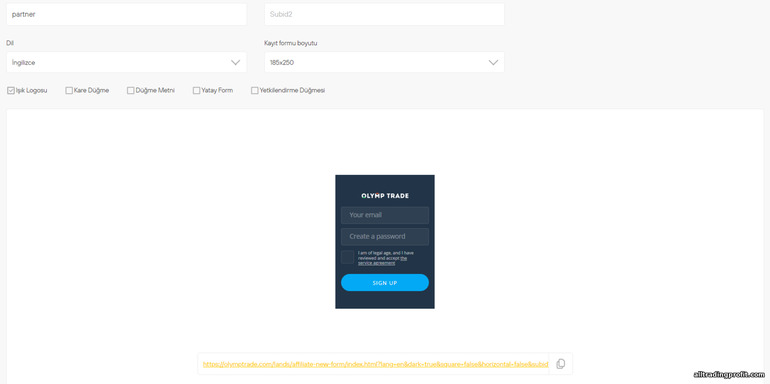 kayıt formu, müşterileri Olymptrade ortaklık programına çekmeye yönelik tanıtım materyalleri
