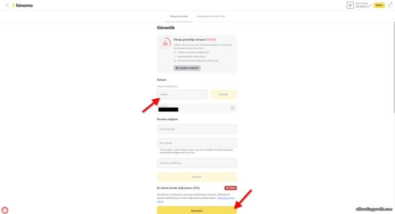 komisyoncu Binomo'da hesap güvenliği ayarları
