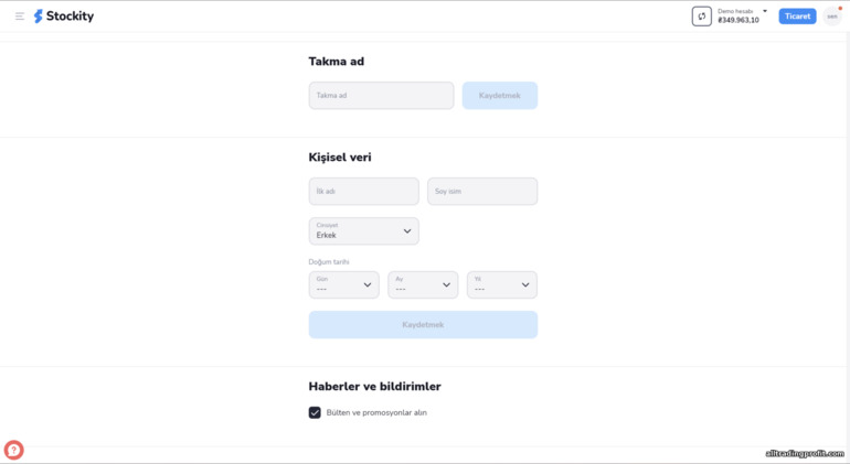 Stockity'den kişisel verileri içeren bir form doldurmak