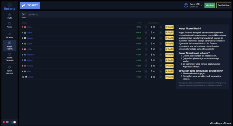 Başarılı yatırımcıların işlemlerinin Finteria platformuna kopyalanması