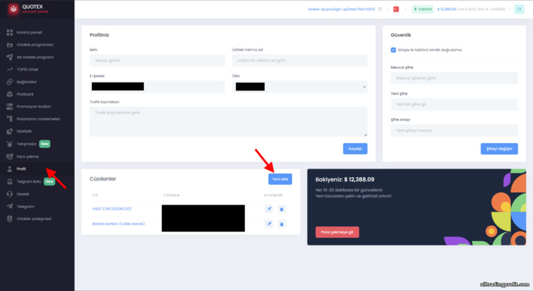 Quotex ortaklık programına ödeme yöntemi ekleme