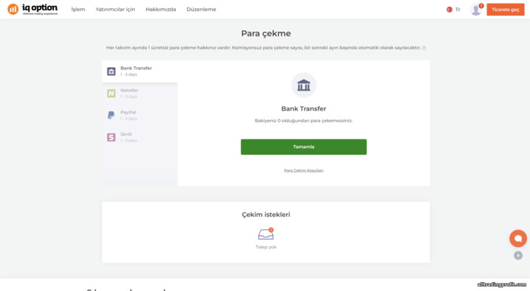 IQ Option brokerinden para çekmek için başvuruda bulunmak