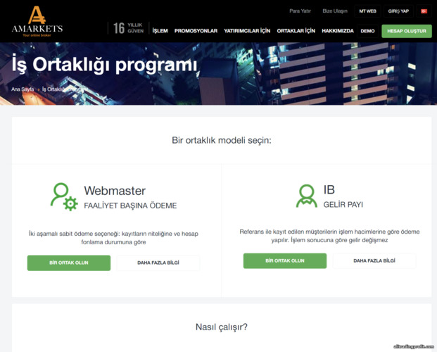 AMarkets Partner ortaklık programının resmi web sitesi