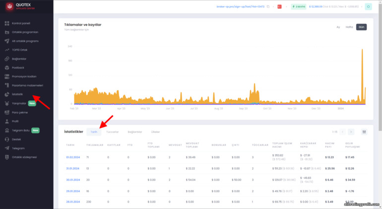Quotex ortaklık programında güne göre istatistikler
