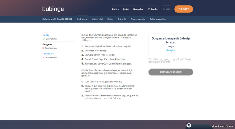 Broker Bubinga ile hesap doğrulama - doğrulama için belgeler