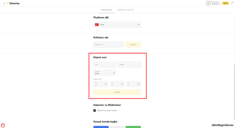 Broker Binomo ile kişisel hesap ayrıntıları