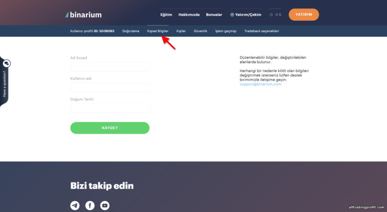 Broker Binarium'un kişisel bilgileri