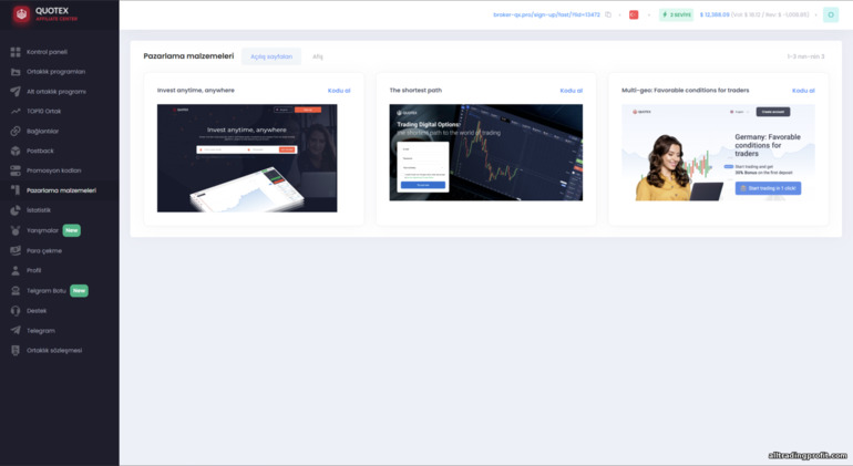Quotex ortaklık programında promosyon malzemelerinin kullanılması