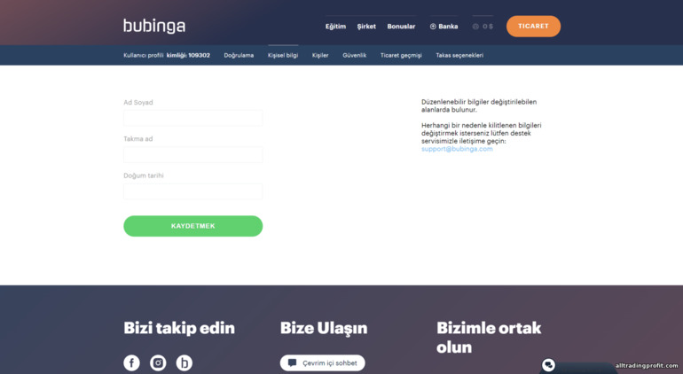 Broker Bubinga ile hesap doğrulama - kişisel veriler