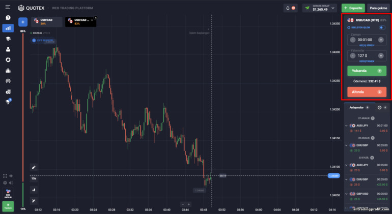 Quotex komisyoncusunda işlem açma paneli