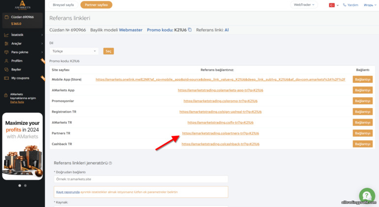 AMarkets Partners web sitesindeki alt ortaklık programı