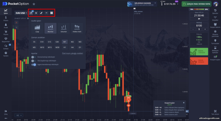 Pocket Option brokerindeki fiyat tablosu ayarları