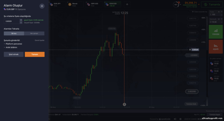 IQ Option aracısında uyarıları ayarlama