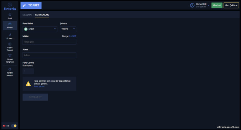 Broker Finteria'dan para çekmek için başvuruda bulunmak