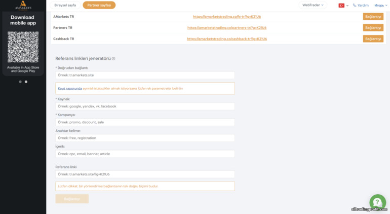 AMarkets Partners web sitesinde ortaklık bağlantınızı oluşturma