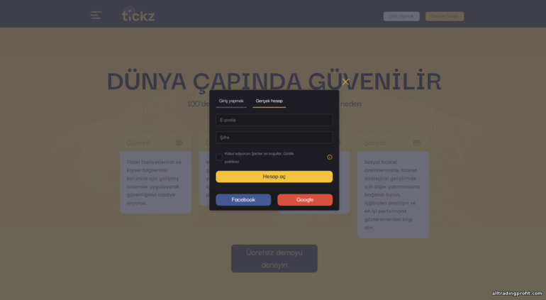 Tickz komisyoncusunda yeni bir ticaret hesabı için kayıt formu