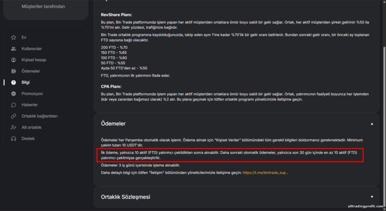 BinTrade ortaklık ödeme koşulları BinTrade ortaklık ödeme koşulları