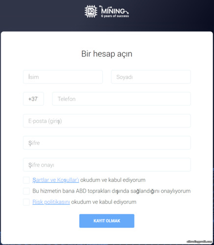 IQ Mining Hesap Kayıt Formu