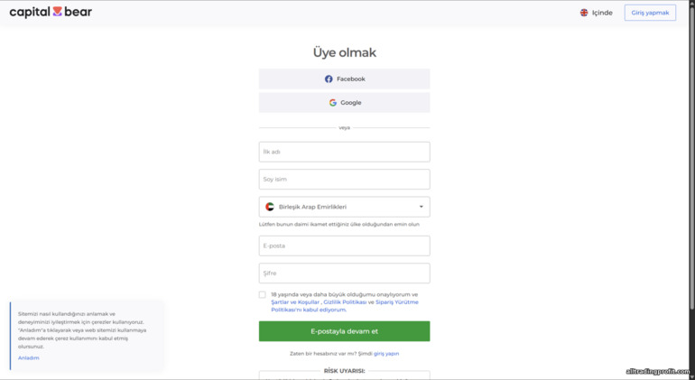 Capital Bear yeni hesap kayıt formu Capital Bear yeni hesap kayıt formu