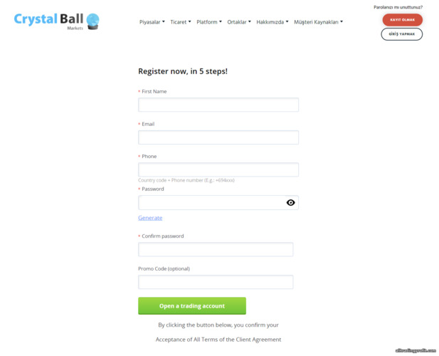 Crystal Ball Markets Ticaret Hesabı Kayıt Formu